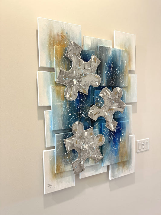 Puzzle of life blue silver gold 3D art