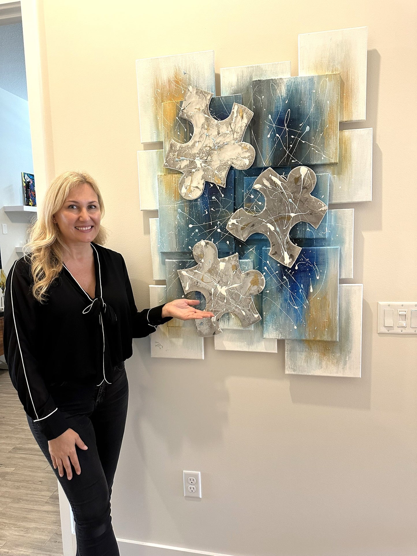 Puzzle of life blue silver gold 3D art